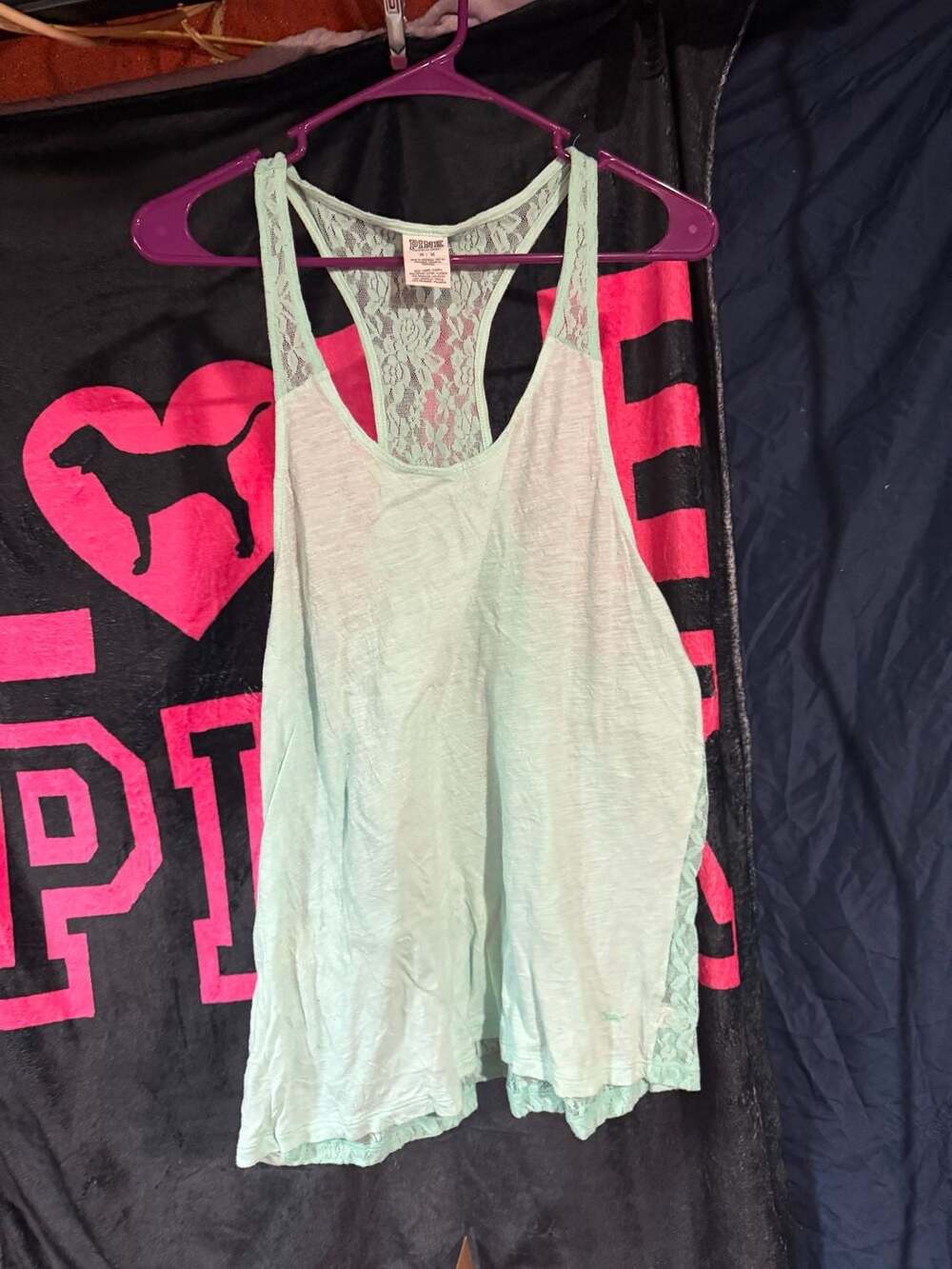 PINK Victoria's Secret Mint Green Lace Racerback Tank Top Size M